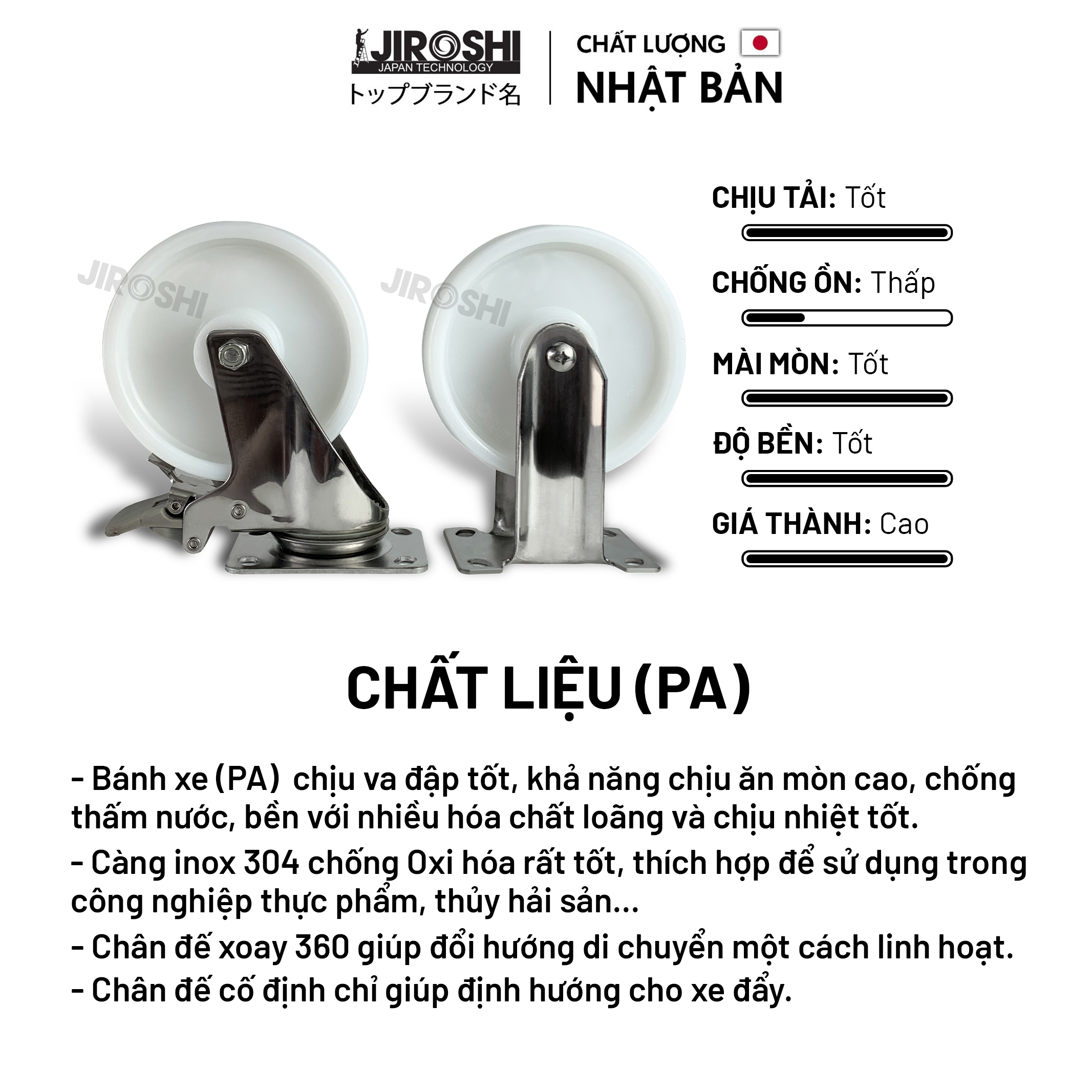 Bánh xe đẩy hàng tải trọng lớn chống hóa chất JIROSHI , Bánh xe có bạc đạn chịu nhiệt độ cao công nghệ nhật bản