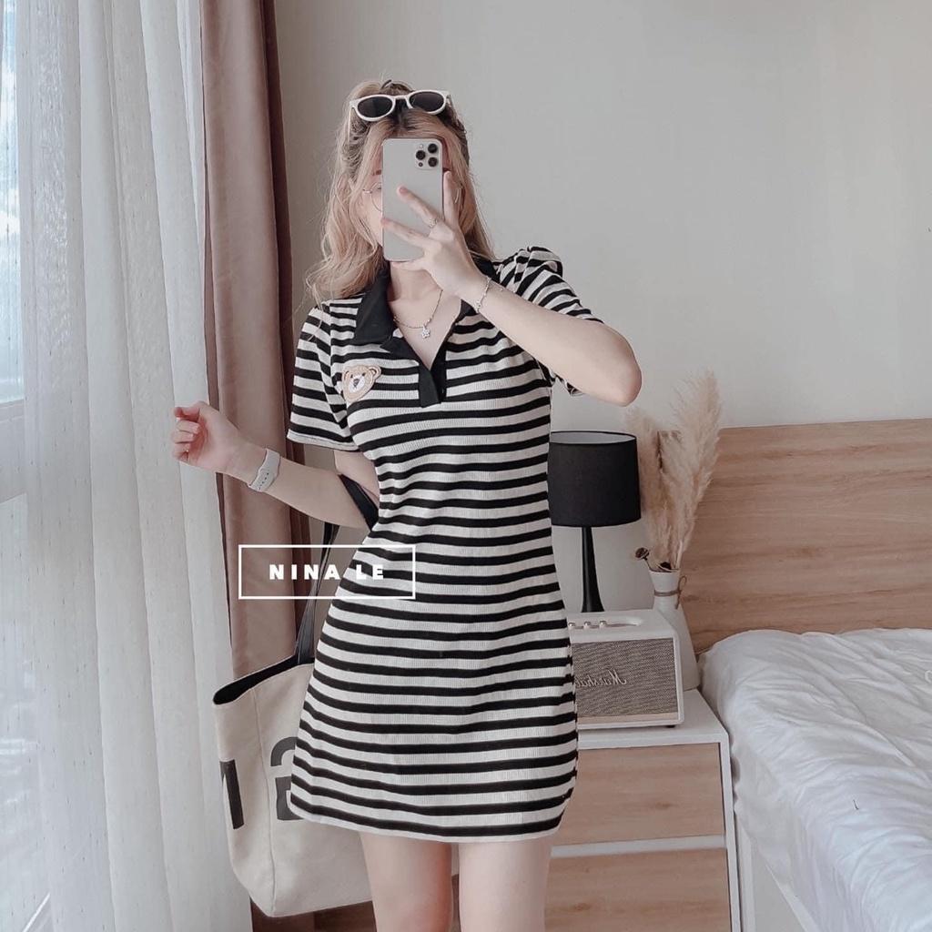 Đầm váy nữ sọc ngang họa tiết gấu nhỏ nhắn xinh xắn thích hợp cho các nàng đi chơi, dạo phố hoặc đi học đều cute