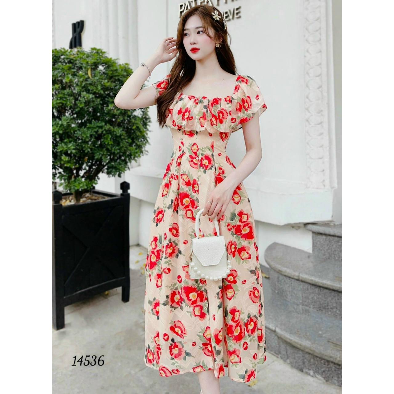 Đầm váy voan nữ du lịch ngày hè thêu in hoa dự tiệc trễ vai quyến rũ