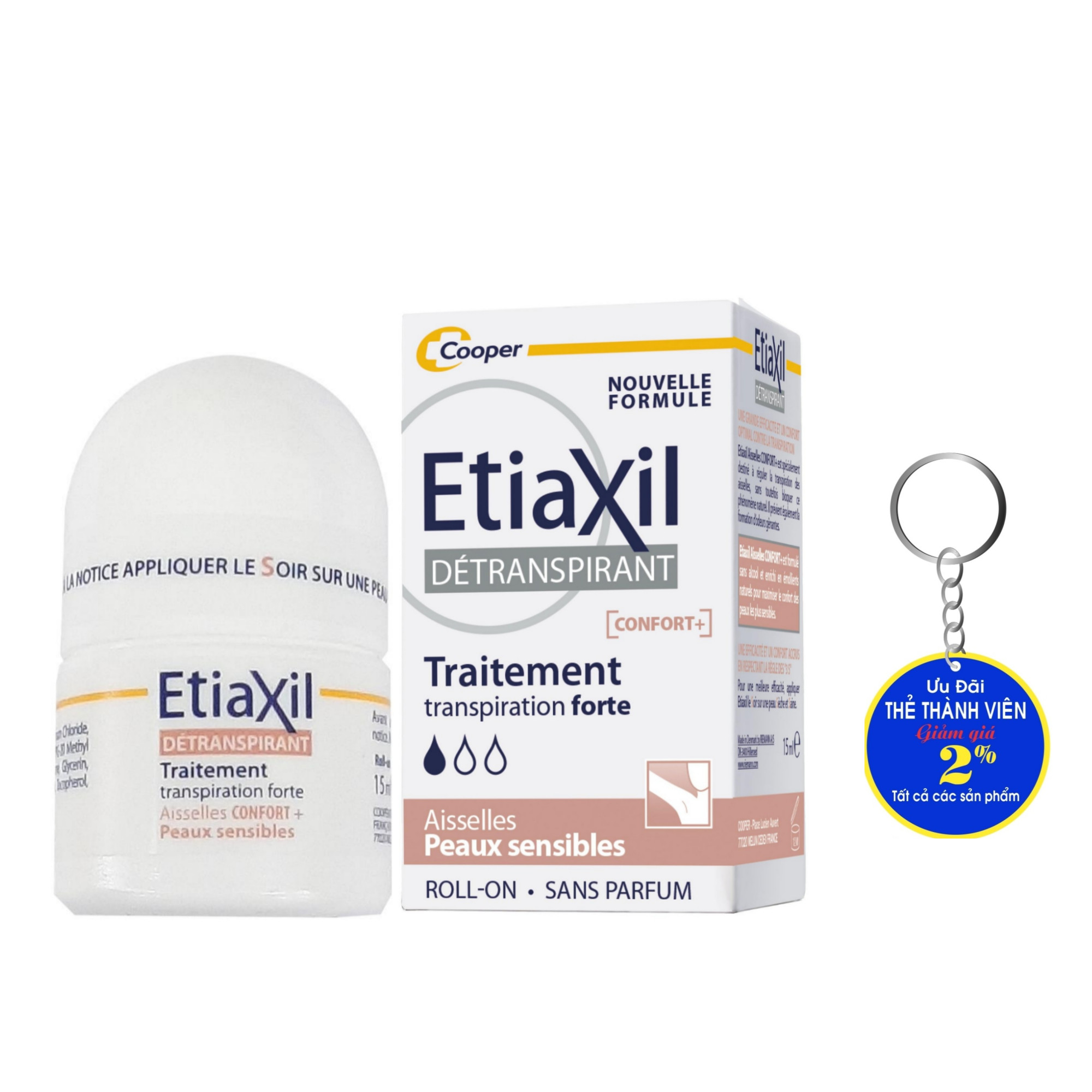 Lăn khử mùi Etiaxil Détranspirant Traitement Confort+ Aisselles Peaux Sensibles 15ml (Dành cho da siêu nhạy cảm) Tặng móc khóa