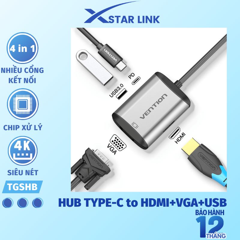 Hub Type-C to HDMI 6 in 1 cho Macbook có sạc nhanh - Chuyển đổi HUB USB Type C to HDMI, VGA, USB 3.0, PD Type-C Vention - Hàng chính hãng 