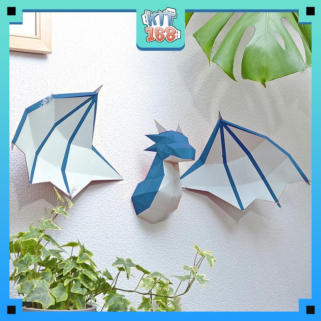Mô hình giấy động vật Rồng Lửa gắn tường màu xanh dương
