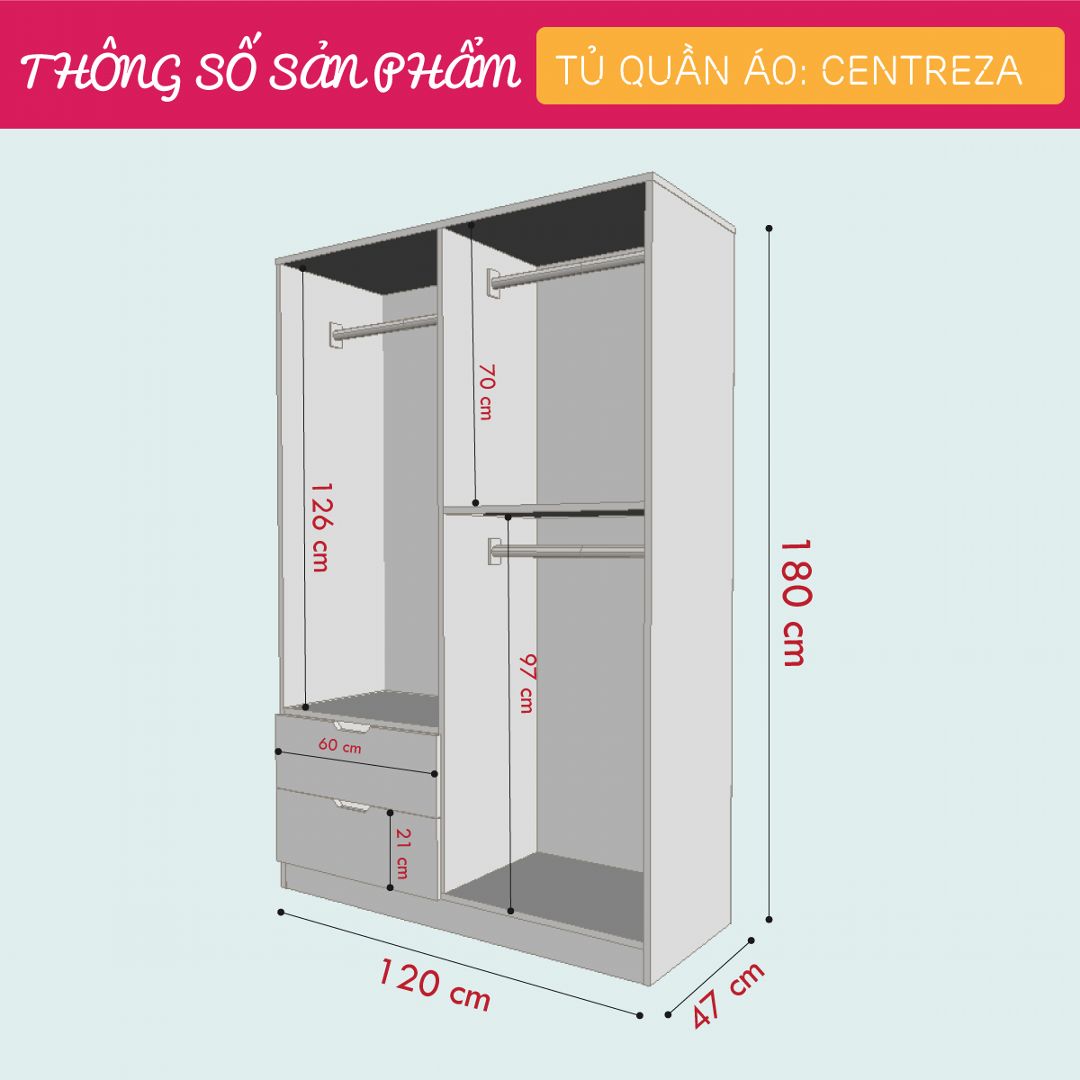 Tủ quần áo gỗ hiện đại SMLIFE Centreza | Gỗ MDF dày 17mm chống ẩm | D120xR47xC180cm