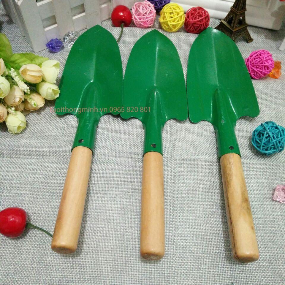 Xẻng làm vườn mini xanh, cán gỗ