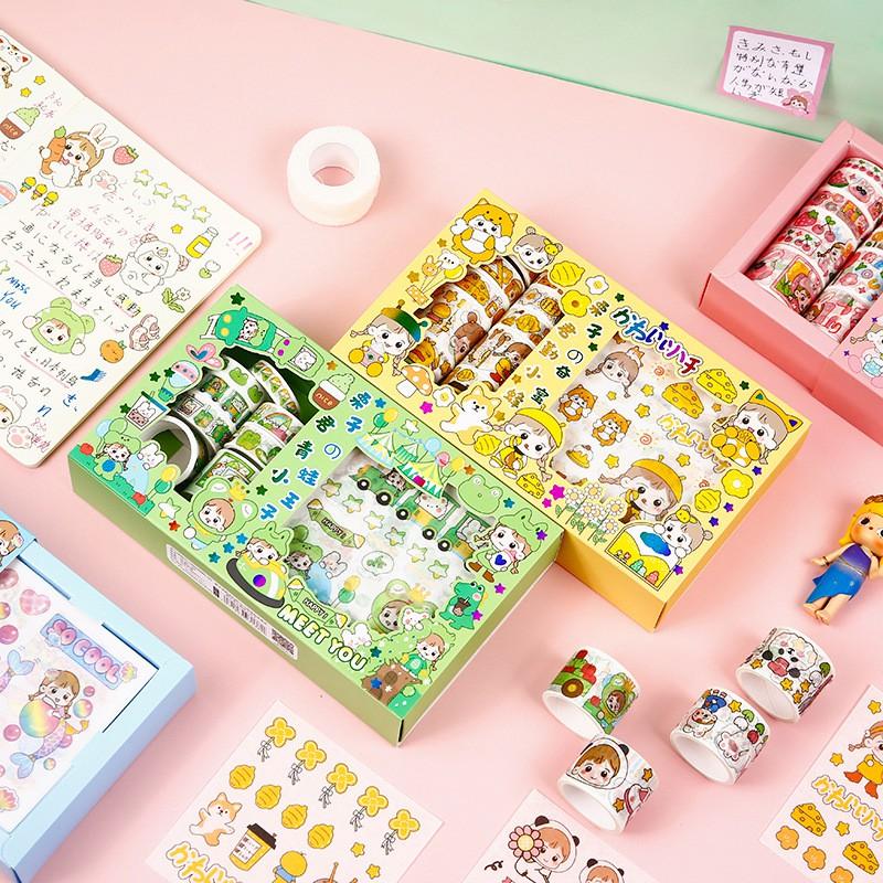 Hộp 10 Washi Tape 10 Sticker Cô Bé Cute Dễ Thương Băng Keo Dính Hình Dán Stickers Trang Trí Sổ Tay Xinh