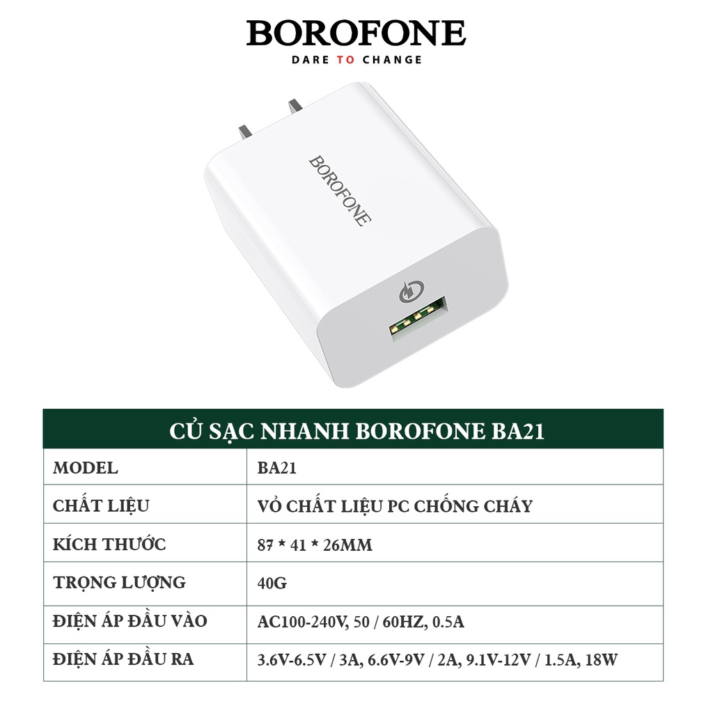 Củ Sạc Nhanh 18W - QC3.0 BOROFONE BA21 cổng USB hỗ trợ sạc nhanh 50% pin trong vòng 30p, có chip điều khiển dòng điện an toàn bảo vệ máy - Hàng Chính Hãng
