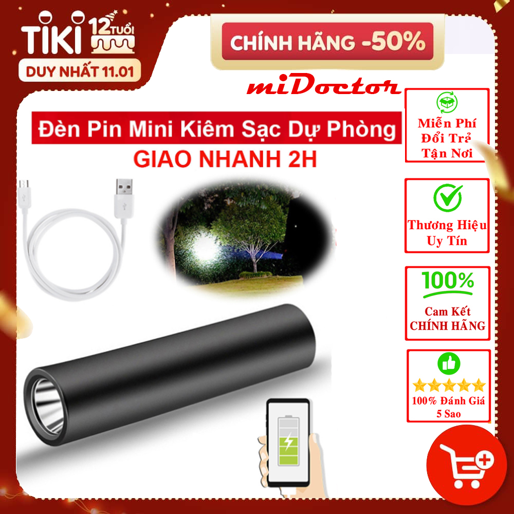 Đèn Pin Led Siêu Sáng Mini Có Sạc USB Kiêm Sạc Dự Phòng Lại Cho Điện Thoại Khẩn Cấp - Chính Hãng Amalife