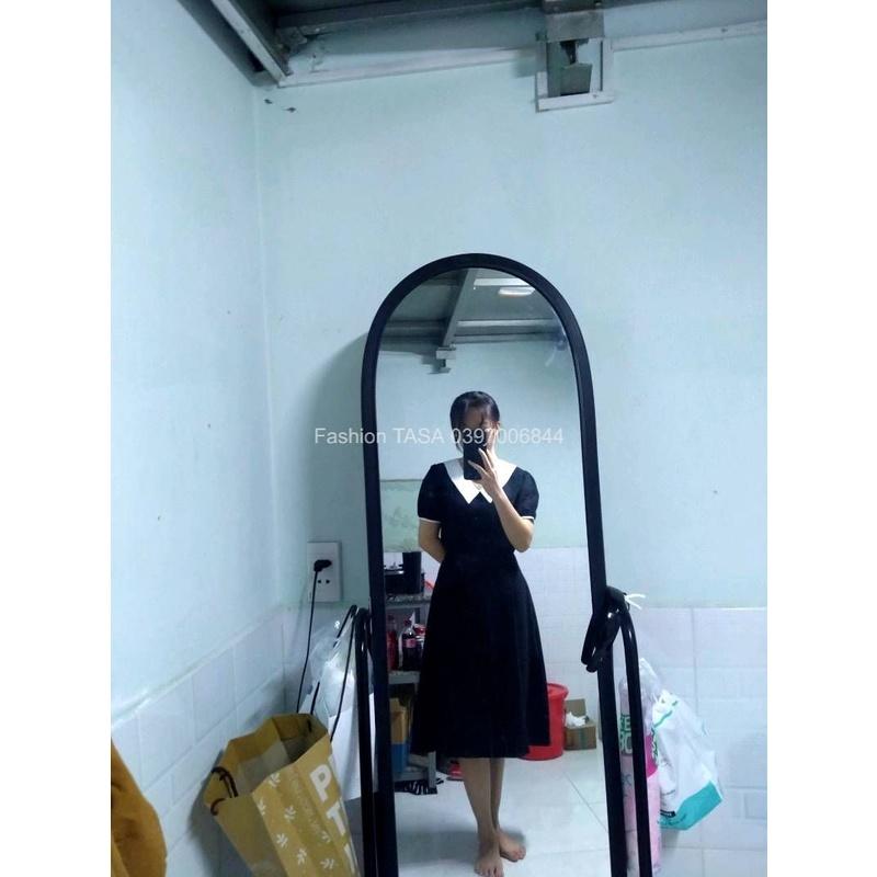 X2 Đầm dáng suông công sở cổ bẻ màu đen cổ trắng form dài thanh lịch (kèm hình thật)