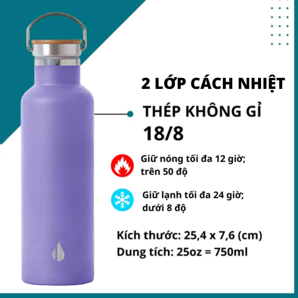 BÌNH GIỮ NHIỆT ELEMENTAL MÀU TÍM (750ML), BÌNH NHẬP KHẨU MỸ, ĐẠT CHUẨN FDA HOA KỲ, THÉP 304 KHÔNG GỈ, GIỮ NÓNG LẠNH