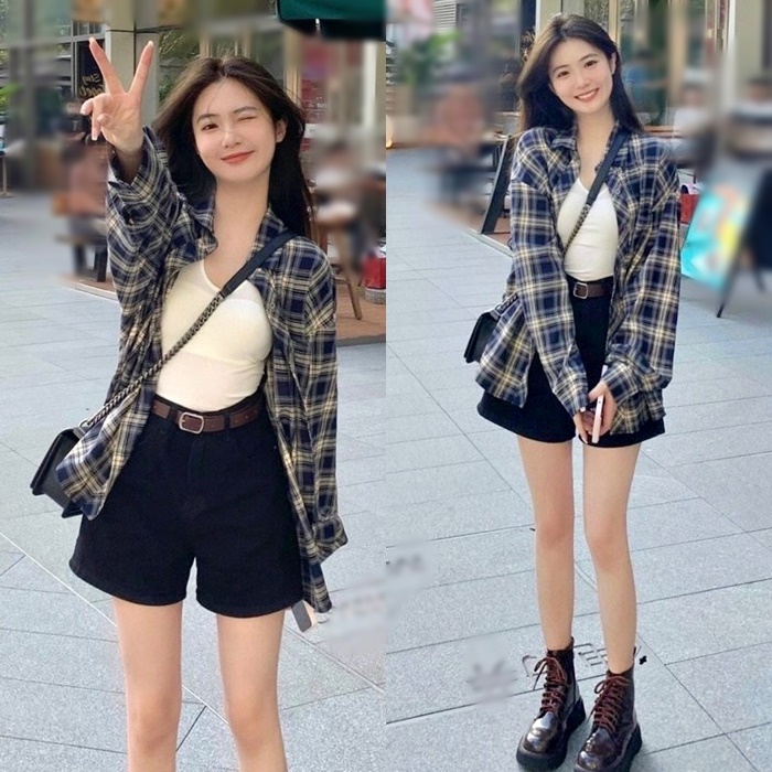 SET ÁO SƠ MI NỮ CARO RỘNG + QUẦN NGẮN SHORTS LƯNG CAO ỐNG RỘNG + ÁO THUN DÂY TRƠN ĐI BIỂN DẠO PHỐ ĐI HỌC ĐI CHƠI CÔNG SỞ