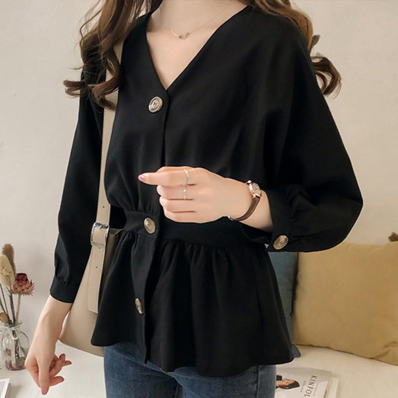  Áo peplum tay dài phối nút thanh lịch cho nữ