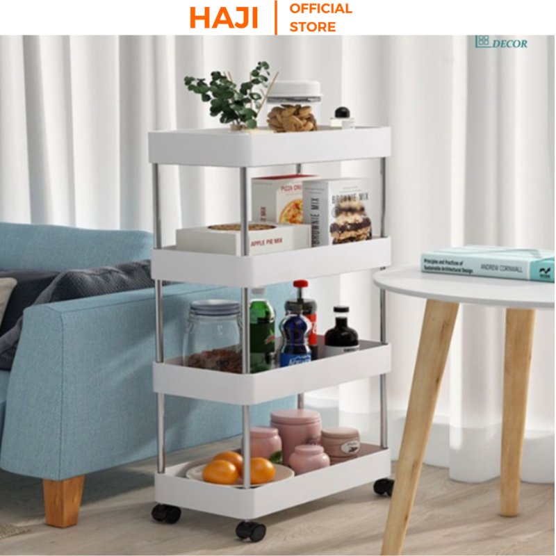Kệ đựng đồ 4 tầng đa năng có bánh xe di chuyển dùng sắp xếp đồ vật gọn gàng HAJI NA17