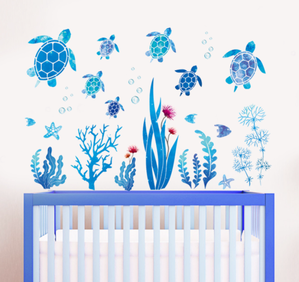 Decal trang trí tường - Đàn rùa biển xanh