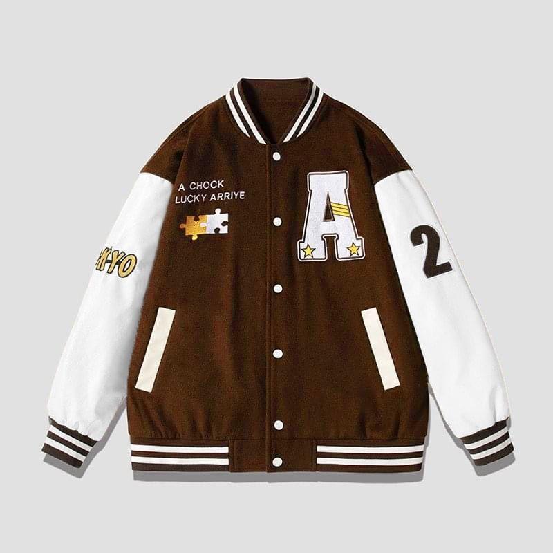 Áo Khoác Varsity Local Brand Bomber Chữ A thêu cả Áo phù hợp cho cả Nam và Nữ, Áo khoác bomber jacket nam nữ phối Nâu Boin shop thêu nỉ 2 lớp, chất nỉ bông siêu đẹp