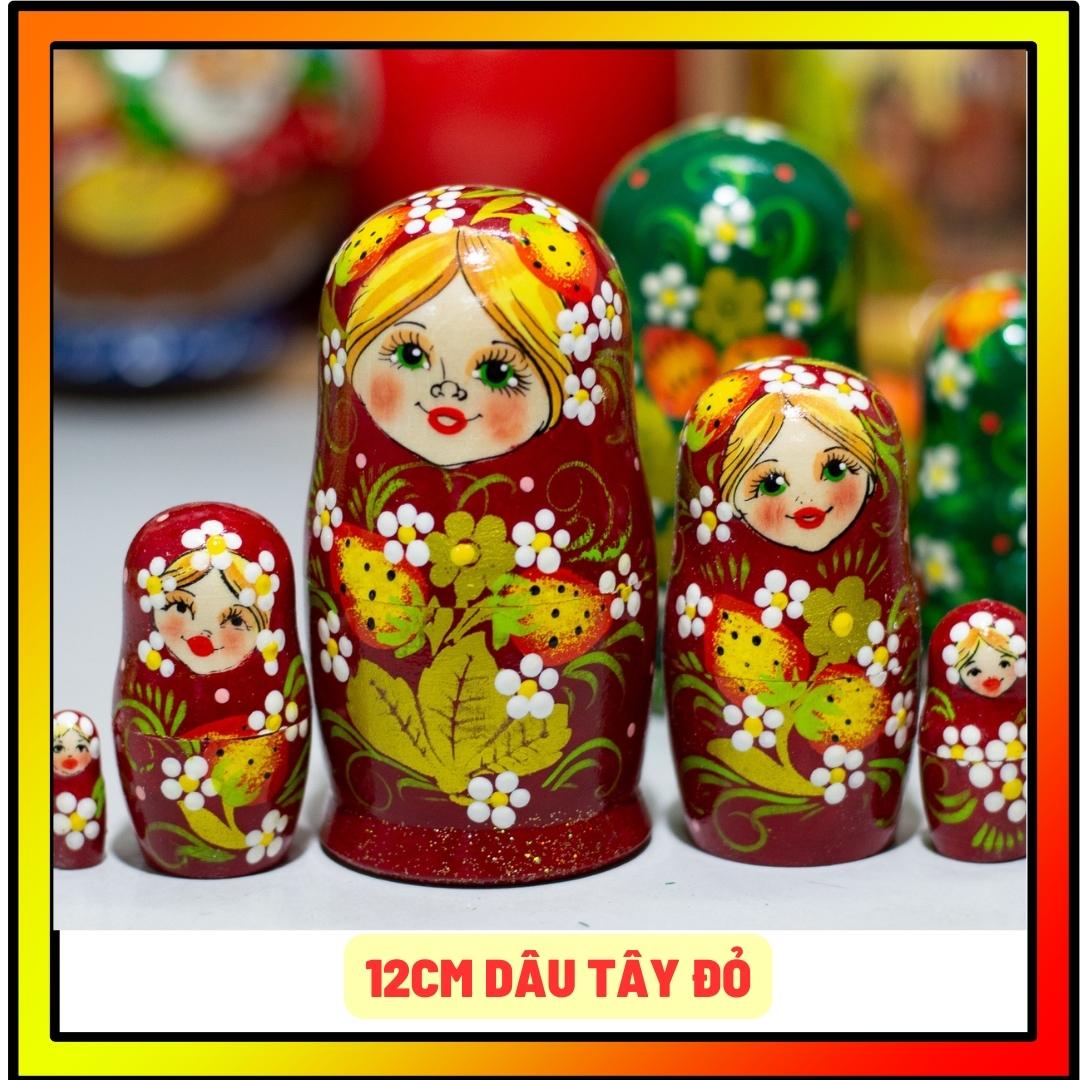 BỘ BÚP BÊ NGA 5 LỚP CAO 12CM VẼ HOA VĂN DÂU TÂY MÀU ĐỎ