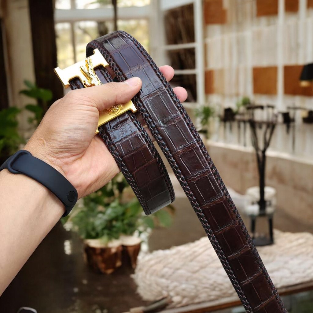 Dây nịt da bụng cá sấu liền tấm 4cm H29N1. Khóa H thép ko gỉ loại 1