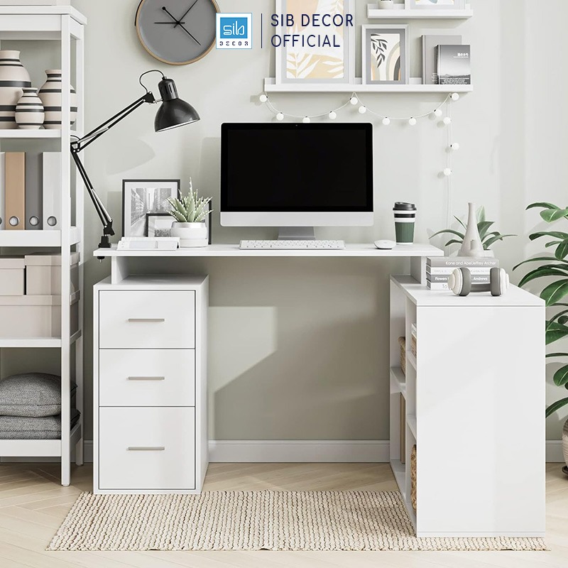 Bàn Làm Việc Góc Chữ L Có 3 Ngăn Kéo Màu Trắng BLV85 Thương Hiệu SIB Decor