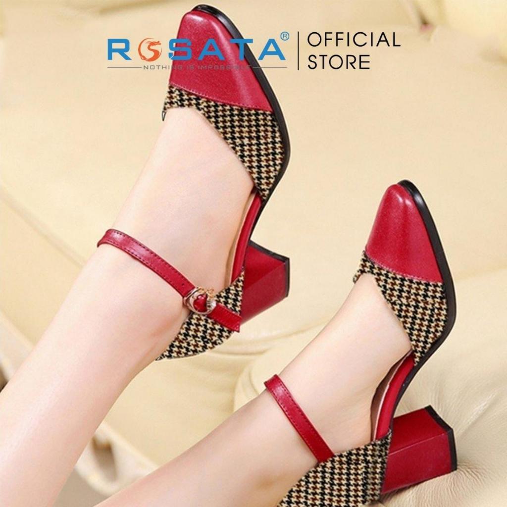 Giày cao gót nữ ROSATA RO524 mũi nhọn họa tiết caro quai hậu cài khóa dây mảnh gót vuông cao 5cm xuất xứ Việt Nam
