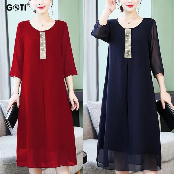 Đầm Trung Niên Dự Tiệc Vải Voan Dáng Suông Hai Lớp. Size S->5XL