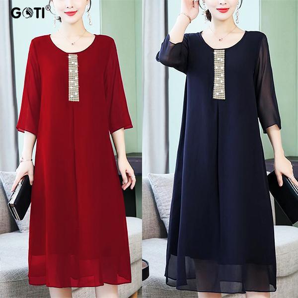 Đầm Trung Niên Dự Tiệc Vải Voan Dáng Suông Hai Lớp. Size S-&gt;5XL