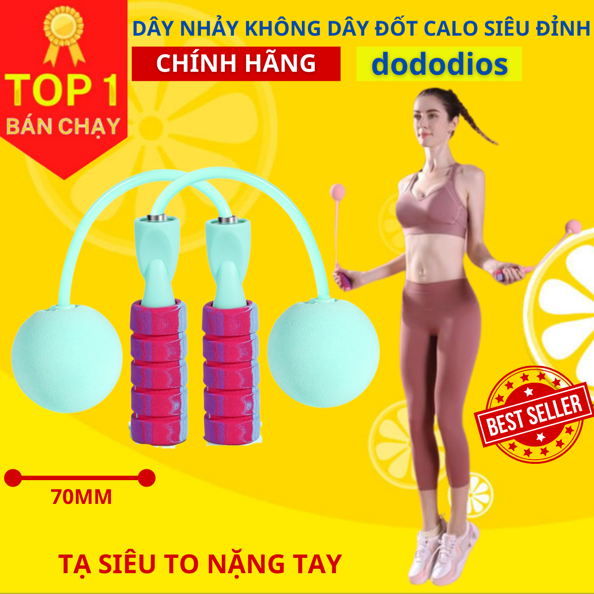 Dây nhảy không dây thể dục kèm 2 tạ lớn cầm đầm tay giúp tăng cơ giảm mỡ tập luyện cadio - Chính hãng dododios