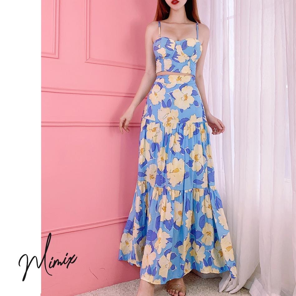 Set áo croptop hai dây cúp ngực có mút kèm chân váy hoa MIMIX BX2220