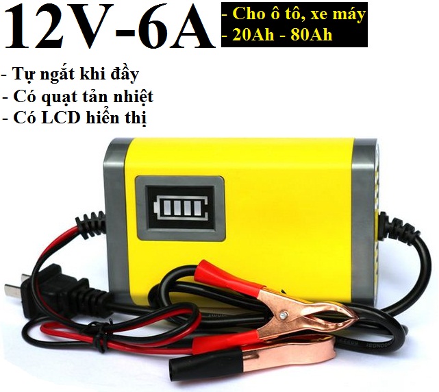 Sạc bình ắc quy 12V 6A thông minh tự ngắt khi đầy chống ngược cực có LCD hiển thị có quạt tản nhiệt (Vàng)