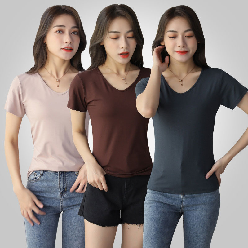 Áo thun nữ mùa hè 2021 cộc tay, cổ tim, phông trơn vải cotton co giãn tốt