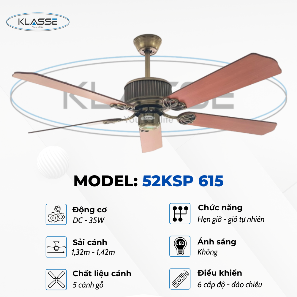 Quạt trần không đèn Klasse 52KSP 615 Hàng chính hãng