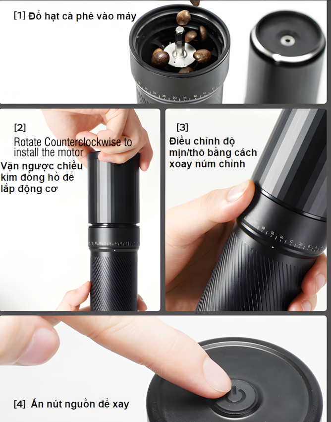 Máy xay hạt cà phê cầm tay kèm pin 60 cấp độ xay 2 trong 1 thương hiệu Mỹ HiBREW G4C - Dung lượng pin 980mAh - Hàng chính hãng