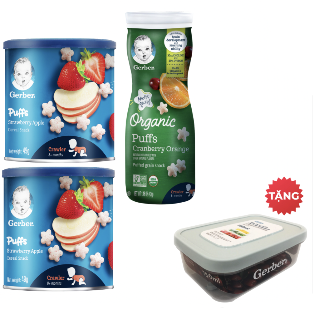 Combo 03 (2 Gerber Puffs Dâu Táo + 1 Gerber Organic Nam Việt Quất Cam) TẶNG Hộp Nhựa Lưu Trữ Thức Ăn