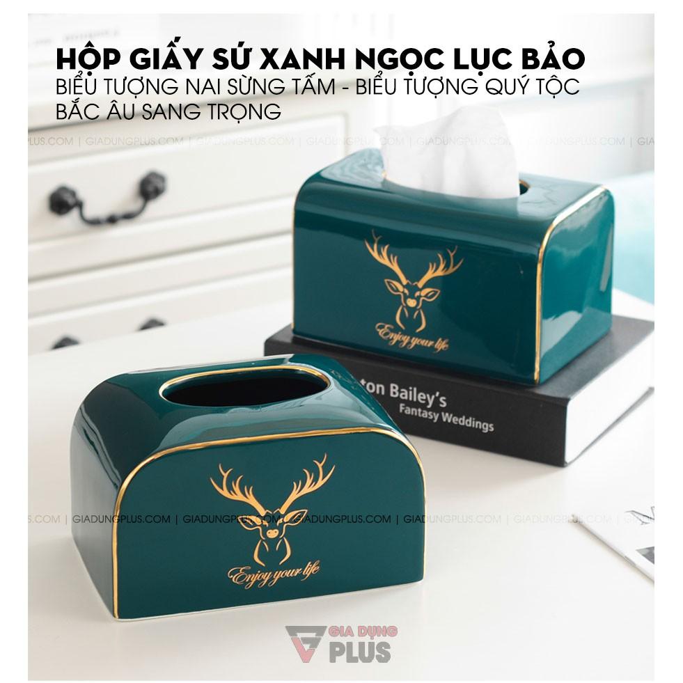 Hộp Đựng Giấy Ăn Đặt Bàn Gốm Sứ Xanh Ngọc Lục Bảo Cao Cấp | Phong Cách Bắc Âu Với Bộ Hươu Quý Tộc