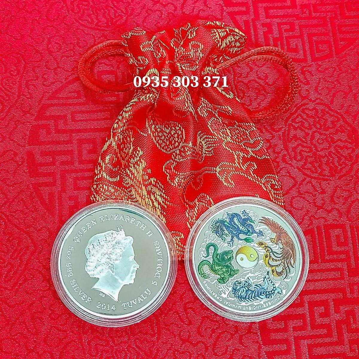Đồng Xu May Mắn Tứ Linh Long-Lân-Quy-Phụng Quà Tết - Tặng Kèm Túi Gấm Đỏ