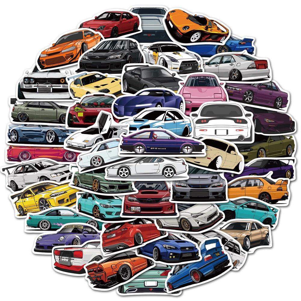 Set 50 Sticker Decal Chống Nước hình ô tô, siêu xe, ufo, robot Dễ Thương Dán Nón BH, laptop, vali, xe, tập vở