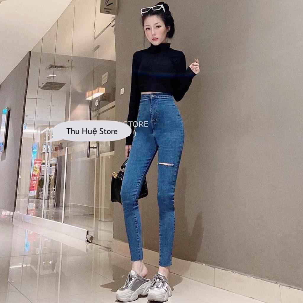 Quần Jean Nữ Lưng Cao Rách Kiểu Chất Jean Co Giãn Chuẩn Xịn
