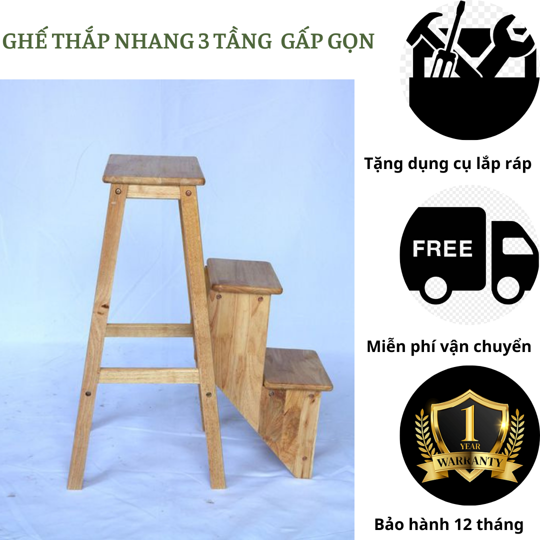 Ghế thắp nhang 3 bậc có thể gấp gọn-ghế lấy đồ trên cao bằng gỗ cao su thiên nhiên