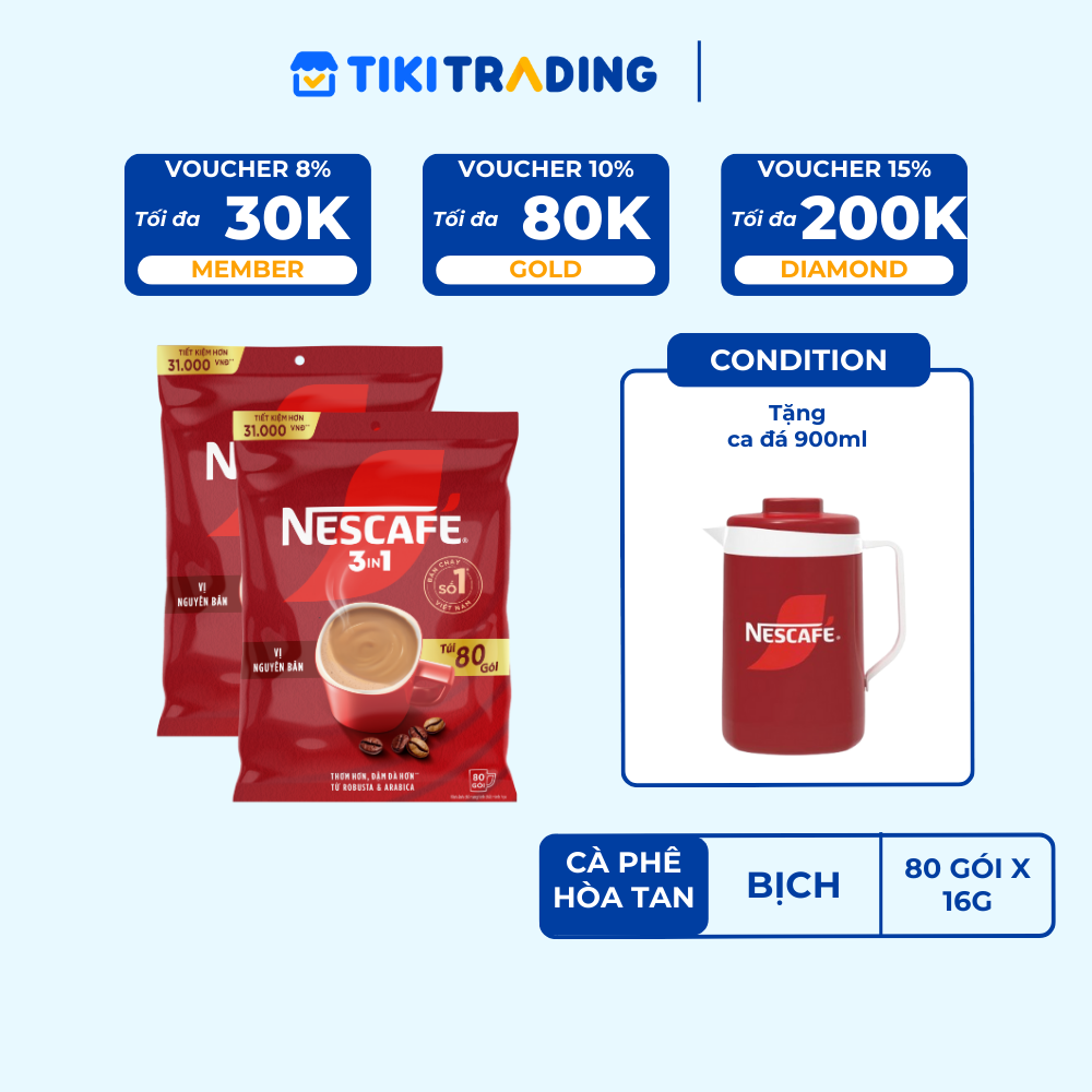 [Tặng Ca đá 900ml] Combo 2 Bịch Cà phê Hòa tan NESCAFÉ VỊ NGUYÊN BẢN 80 gói Đậm Thơm Hoàn Hảo