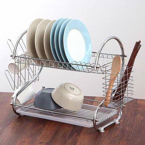 Kệ để bát đĩa kèm ống đũa và giá treo cốc 2 tầng bằng inox cao cấp kèm khay hứng nước bên dưới - Giá để chén đĩa thông minh sắp xếp không gian nhà bếp gọn gàng