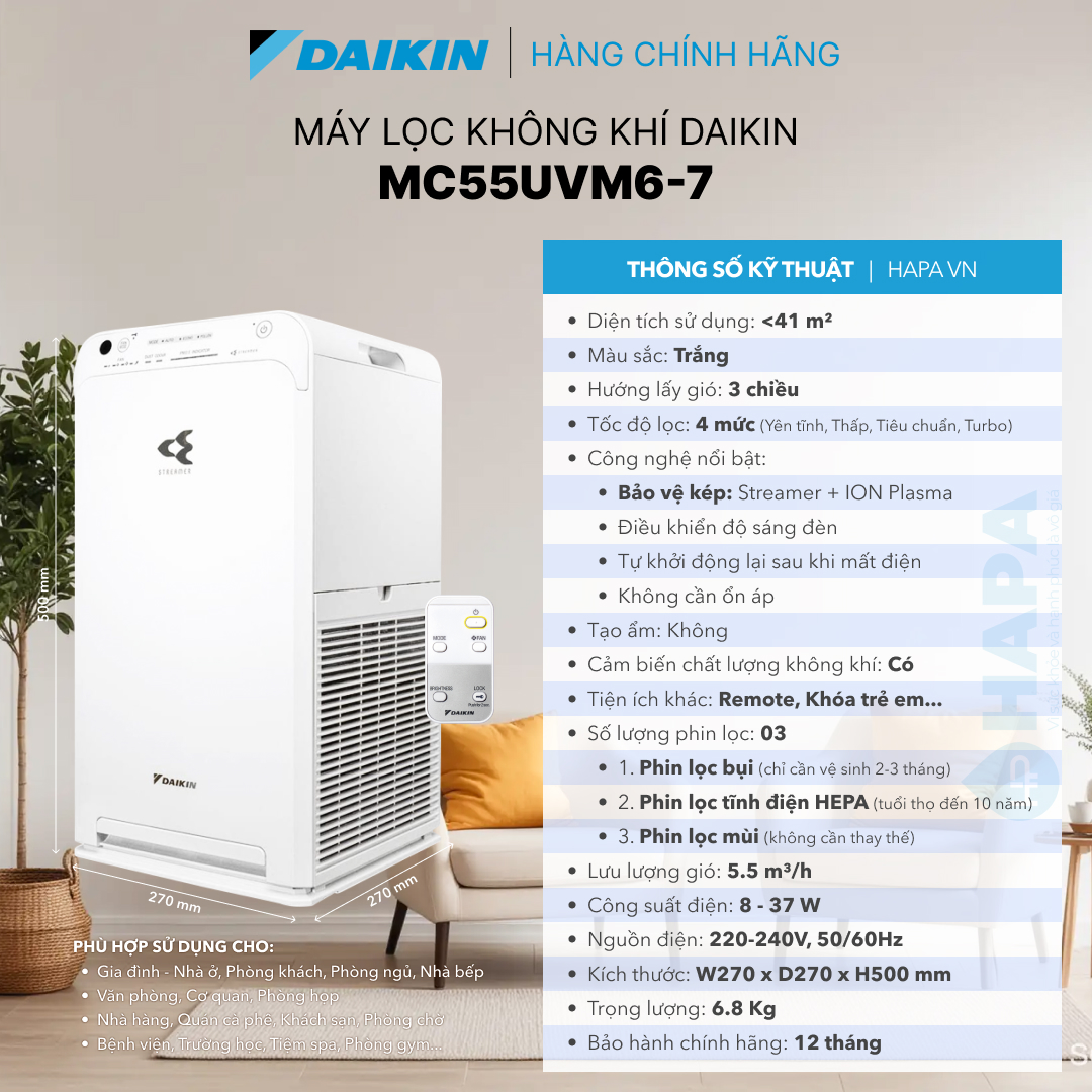 Máy Lọc Không Khí DAIKIN MC55UVM6-7 Phòng &lt; 41m2 HEPA, Streamer &amp; ION PLASMA - Hàng Chính Hãng DAIKIN