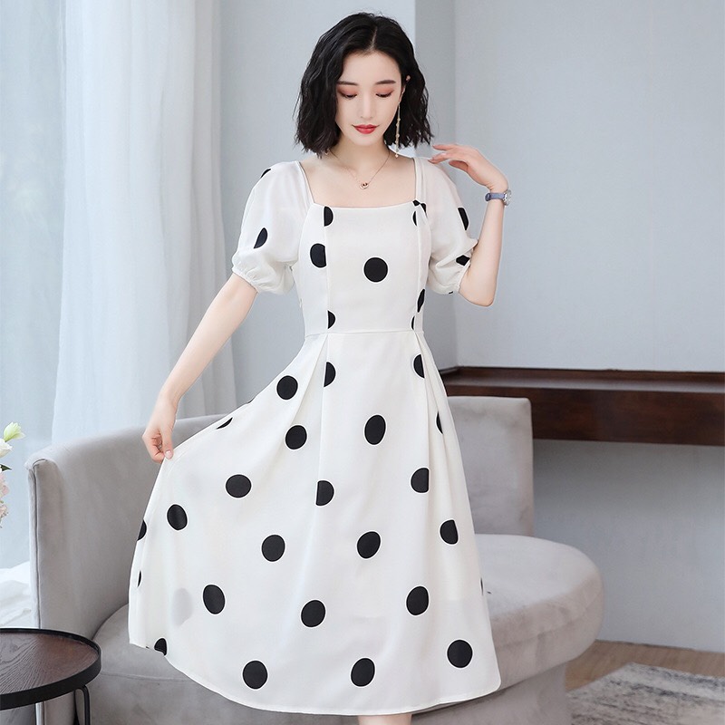 Đầm xòe midi cổ vuông chấm bi vintage - VN23190