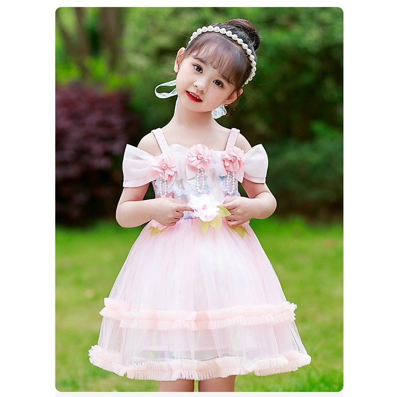 Đầm voan công chúa cho bé gái dự tiệc màu trắng hồng đẹp size 15-30kg hàng Quảng Châu cao cấp