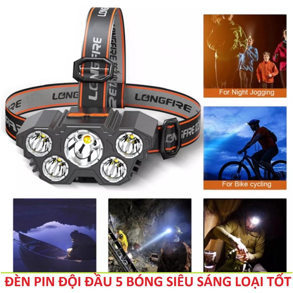 Đèn Pin Đội Đầu 5 LED Siêu Sâng Sạc USB Có Pin 18650 chống nước Siêu bền hàng cao câp