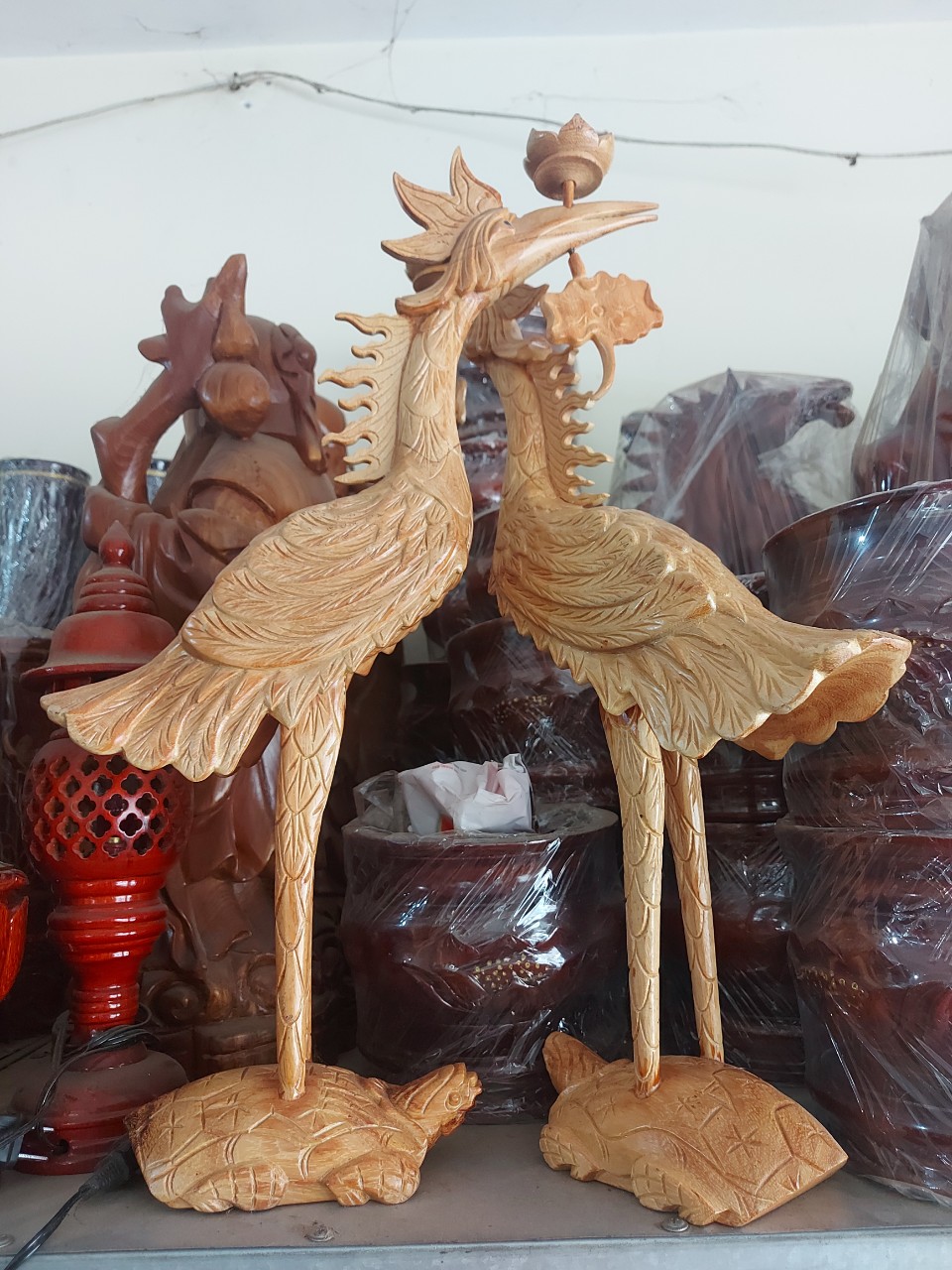 Cặp hạc thờ gỗ gõ -Đôi hạc thờ bàn gia tiên cao 50cm - 60cm