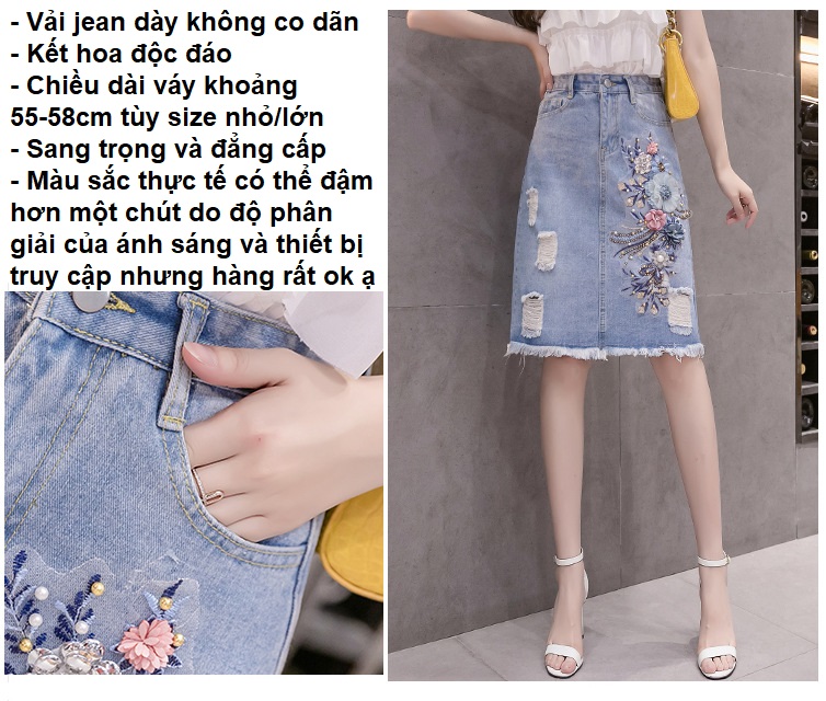 Chân váy jean ngang gối đính hoa 09, Chân váy thiết kế cao cấp, vải jean dày C020