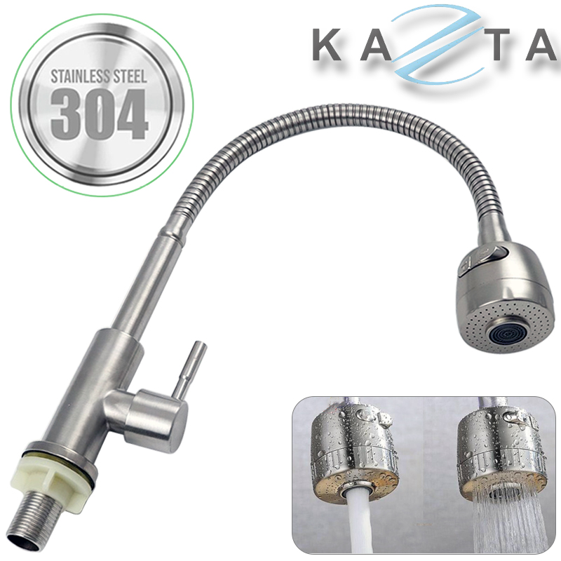 Vòi rửa bát lạnh KAZTA KZ-4A3 tăng áp thân uốn dẻo inox SUS304 có nút chỉnh 2 chế độ nước