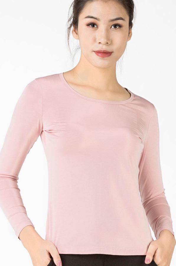 Áo giữ nhiệt nữ dài tay cổ tròn Vicci vải cotton co giãn, mềm mịn ôm dáng màu HỒNG PHẤN