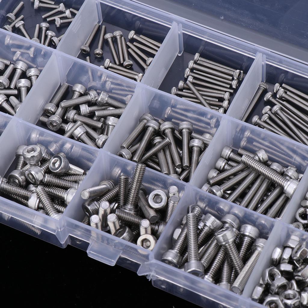Pack of 480 Hex Screws Nuts Set in 15 Grids Plastic Case Stainless Steel