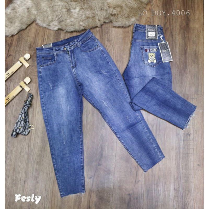 Quần Jeans Nữ Baggy Thêu Túi Gấu Lưng Cao