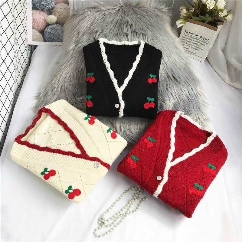 Áo Khoác Cardigan Nữ Dáng Ngắn Len Đan Thêu Cherry (ẢNH THẬT+VIDEO)