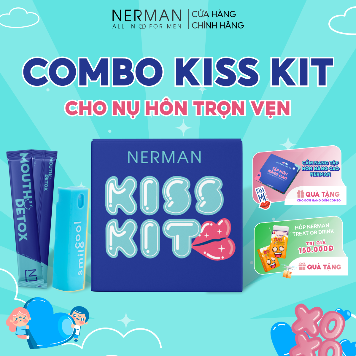 Combo Kiss Kit Nerman - Xịt thơm miệng Spray&Kiss 10ml & 10 gói Nước súc miệng dạng gói Mouth Detox 10ml/ gói